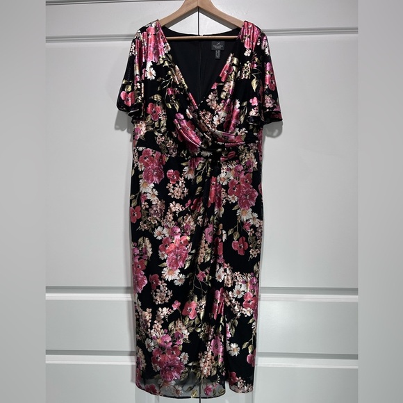Adrianna Papell Black and Pink Floral Midi Dress - Picture 2 of 12